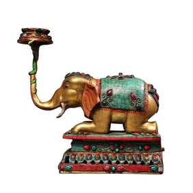 Vintage Gilt Gold Copper Inlay Turquoise & Gems Elephant Oil Lamp