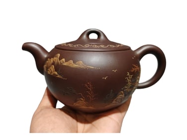 Chinese Yixing Zisha Clay Mountain River Scene Design Teapot w Artist Signed