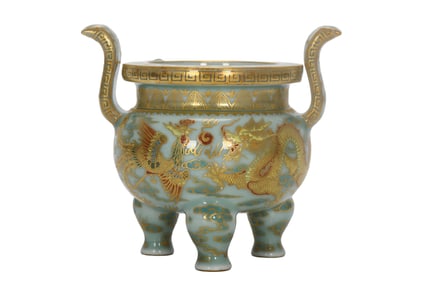 Chinese Qing Dynasty Gilt Gold Pea Green Glaz Dragon Phoenix Design Porcelain Incense Burner