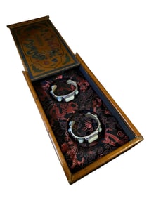 A Pair Vintage Copper Cloisonne Inlay Hetian Jade Bracelet w Lacquerware Box
