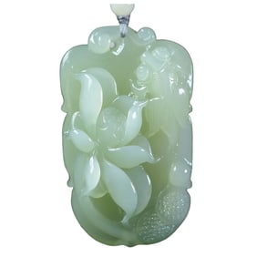 Chinese Hetian Jade Carved Lotus Flower & Goldfish Pendant