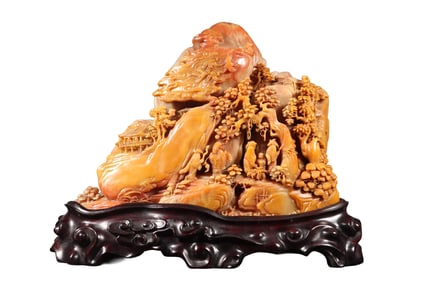 Vintage Chinese Tianhuang Carved Pine Tree & Figure Statue