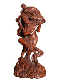 Vintage Chinese Boxwood Wood Carved Feitian Female Deity Statue