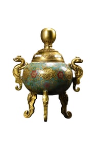 Vintage Chinese Gilt Gold Copper Cloisonne Fortune Dragon Incense Burner