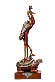 Vintage Chinese Silver Plated Gilt Gold Copper Turtle & Crane Statue