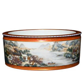 Chinese Coral Red Glaze Famille Rose Idyllic Scenery Design Porcelain Writing-Brush Washer