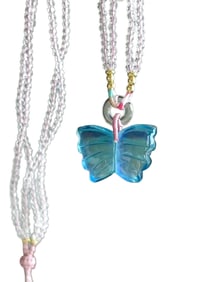 Beautiful Aquamarine Carved Butterfly Pendant w Hand Woven Necklace