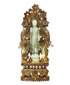 Exquisite Chinese Hetian Jade Buddha Statue w Gold Wires Enamel Inlay Gem Base