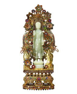 Exquisite Chinese Hetian Jade Buddha Statue w Gold Wires Enamel Inlay Gem Base: Exquisite Chinese Hetian Jade Buddha Statue w Gold Wires Enamel Inlay Gem Base Dimension: 410 x 180 x 90 (mm)16.14 x 7.09 x 3.54 (inches) Weight: 3.42 lbs/ 1554 g
