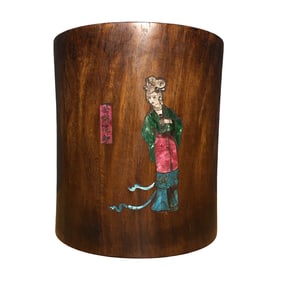 Vintage Chinese Huali Wood Inlay Shell Brush Pot