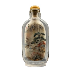 Old Chinese Crystal Inside Painting Mountain River Scene Design Snuff Bottle w Stopper