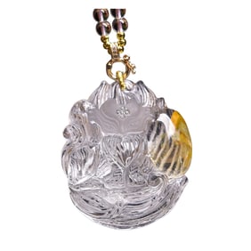 Beautiful Crystal Carved Nine-tailed Fox Pendant w Hand Woven Beads Necklace