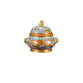 Chinese Qing Dynasty Gilt Gold Famille Rose Fortune Dragon Design Porcelain Incense Burner
