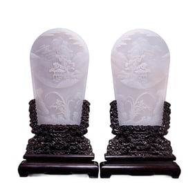 A Pair Exquisite Chinese White Hetian Jade Low Relief Mountain River Scene Screen Statues