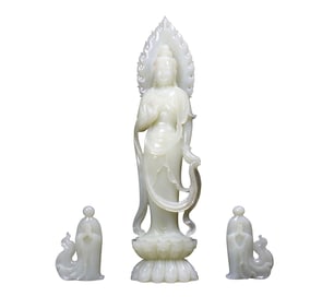 A Set Exquisite Chinese White Hetian Jade Carved Buddha Statue