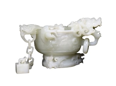 Exquisite Chinese White Hetian Jade Carved Fortune Dragon Incense Burner Statue