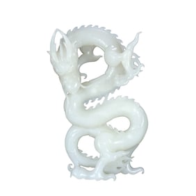 Exquisite Chinese White Hetian Jade Carved Fortune Dragon Statue