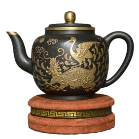 Antique Chinese Gilt Gold Yixing Zisha Dragon Turtle & Crane Teapot