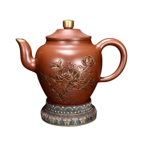 Antique Chinese Gilt Gold Yixing Zisha Peony Design Teapot