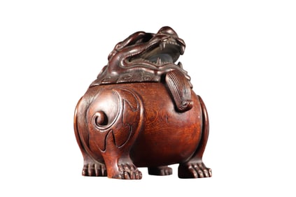 Antique Chinese Chenxiang Wood Carved Fortune Beast Incense Burner