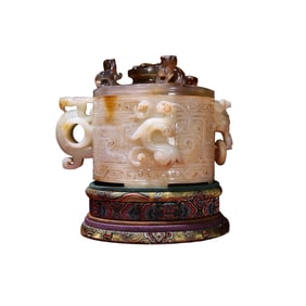 Exquisite Chinese Hetian Jade High Relief Chi Dragon Cup w Agate Lid