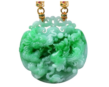 Exquisite Jadeite Carved Dragon Phoenix Pendant w Hand Carved Jadeite Beads Necklace