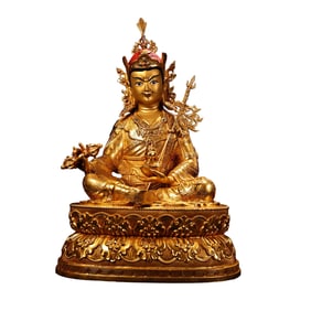 Superb Old Tibetan Gilt Gold Copper Padmasambhava Buddha Statue