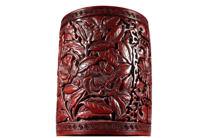 Antique Chinese Red Lacquerware Low Relief Flowers Design Brush Pot