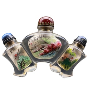 Old Chinese Peking Glass Inside Painting Mountain River Scene Design Conjoined Snuff Bottle