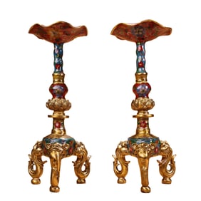 A Pair Vintage Chinese Gilt Gold Copper Cloisonne Elephant Candlestick
