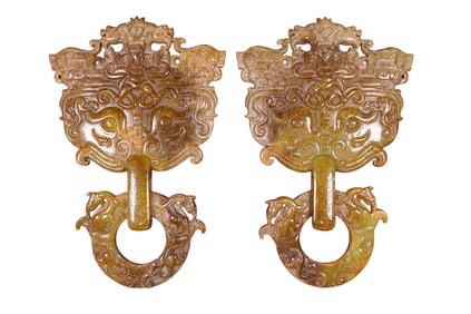 A Pair Vintage Chinese Hetian Jade Carved Beast Face Knocker Statues