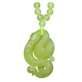 Superb Chinese Hetian Jade Carved Snake Pendant w Hand Woven Beads Necklace