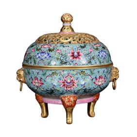 Chinese Qing Dynasty Gilt Gold Famille Rose Enamel 3 Legs Porcelain Incense Burner