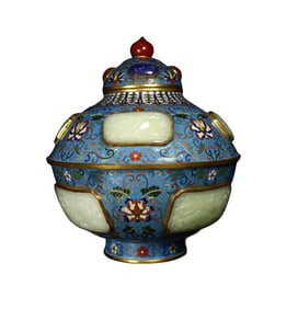 Superb Old Chinese Copper Cloisonne Inlay Hetian Jade Pot