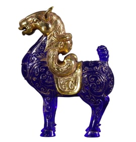 Vintage Chinese Gilt Gold Blue Peking Glass Carved Fortune Horse Statue