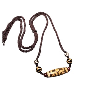 Old Tibetan Six Eye DZI Agate Lucky Pendant w Hand Woven Necklace