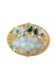 Chinese Silver Plated Gilt Gold Inlay Hetian Jade & Jadiete Carved Butterfly. Flowers Sachet Pendant