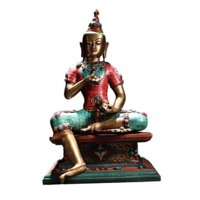Tibetan Buddhism Gilt Gold Copper Inlay Turquoise & Gems Vajrapani Statue