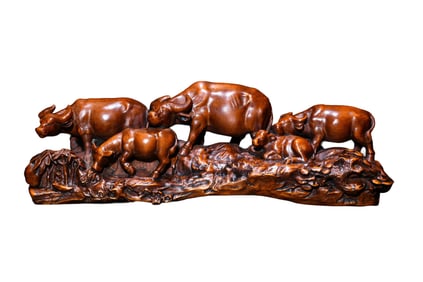 Vintage Chinese Boxwood Wood Carved Five Ox Statue