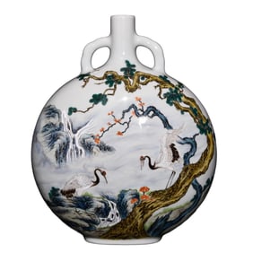 Chinese Qing Dynasty Famille Rose Pine Tree & Crane Design Porcelain Vase