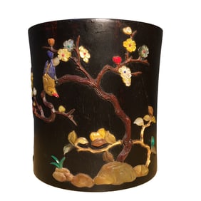 Vintage Chinese Zitan Wood Inlay Shoushan Stone Plum Flower & Magpie Brush Pot