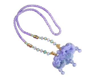Exquisite Jadeite Carved Dragon Phoenix Pendant w Hand Woven Amethyst Beads Necklace
