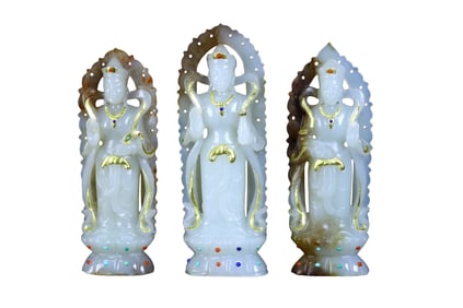 A Set Superb Chinese Gilt Gold Hetian Jade Carved Three Buddha Statue