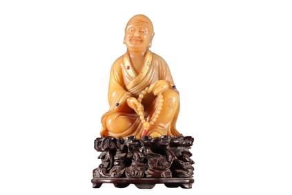 Superb Chinese Gilt Gold Tianhuang Stone Carved Arhat Statue