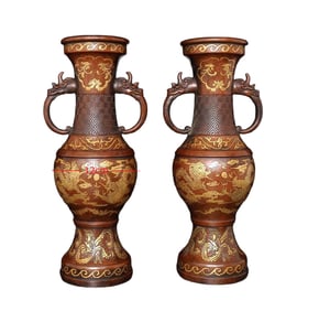 A Pair Vintage Chinese Gilt Gold Copper Double Ears Fortune Dragon Vases