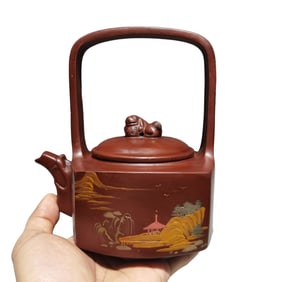 Chinese Famille Rose Yixing Zisha Mountain River Scene Design Handle Teapot