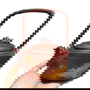 Chinese Famille Rose Yixing Zisha Mountain River Scene Design Handle Teapot: Chinese Famille Rose Yixing Zisha Mountain River Scene Design Handle TeapotDimension: 170 x 150 (mm) 6.69 x 5.90 (inches) Capacity: 400 ml