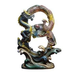 Vintage Chinese Gilt Gold Peking Glass Carved Dragon Phoenix Statue