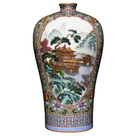 Chinese Qing Dynasty Gilt Edge Famille Rose Mountain River Scene Design Porcelain Vase