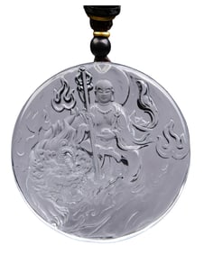 Beautiful White Crystal Carved Ksitigarbha Pednant w Hand Woven Necklace